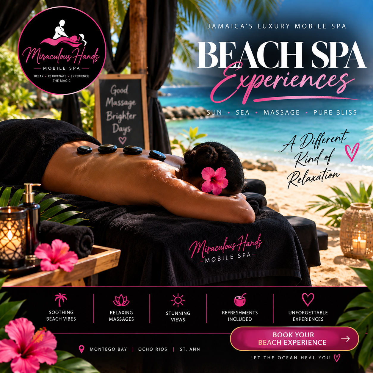 Beach Spa Experiences — a luxury beachfront massage setup with black linens on a Jamaican beach.