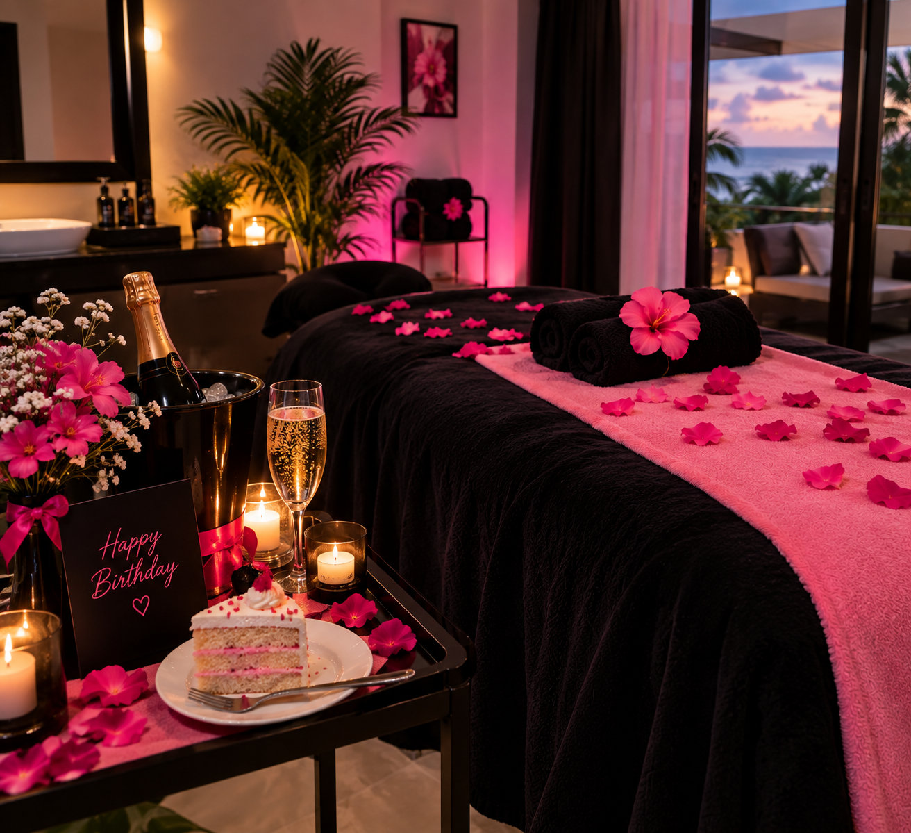 Black and pink birthday spa setup in a villa with a massage table, rose petals, candles, champagne and birthday cake