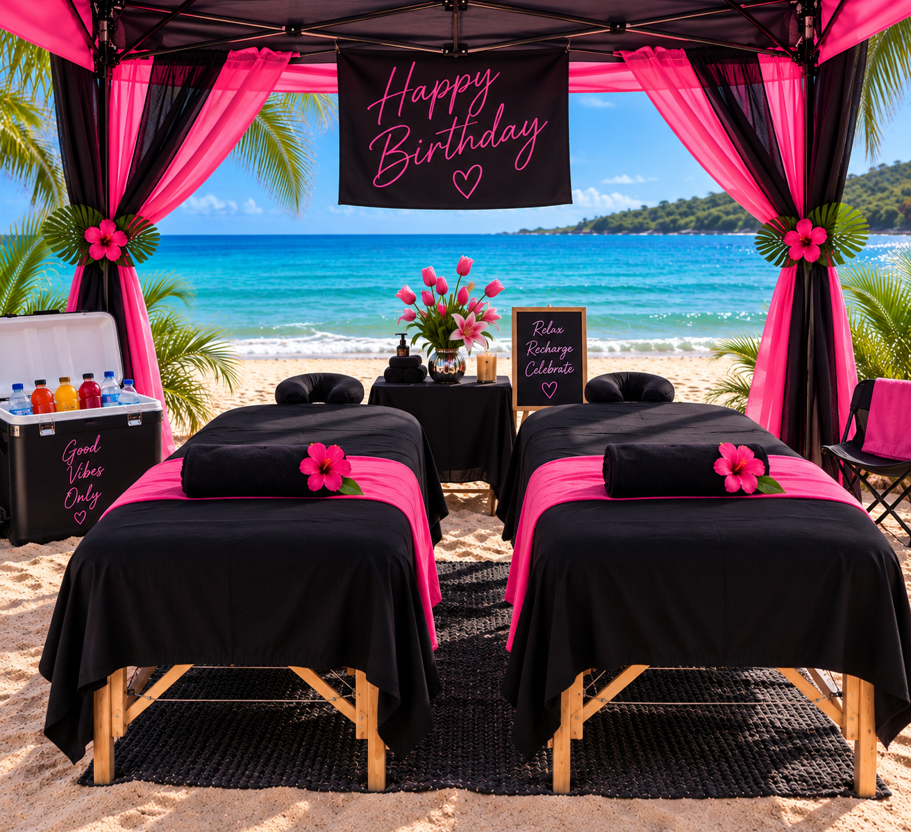Couples beach massage setup under a black and pink beach tent in Jamaica with two massage tables, black linens, a floral vase and a cooler of juices