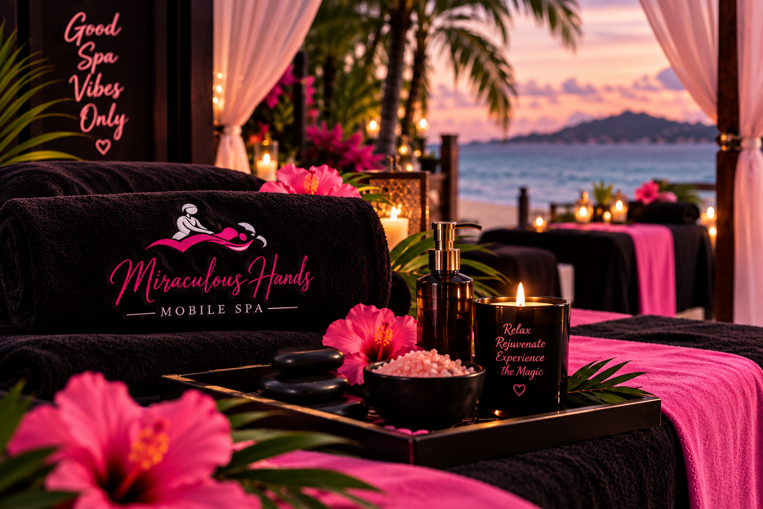 Black and pink Miraculous Hands massage setup with hibiscus flowers, candles and a sunset ocean view