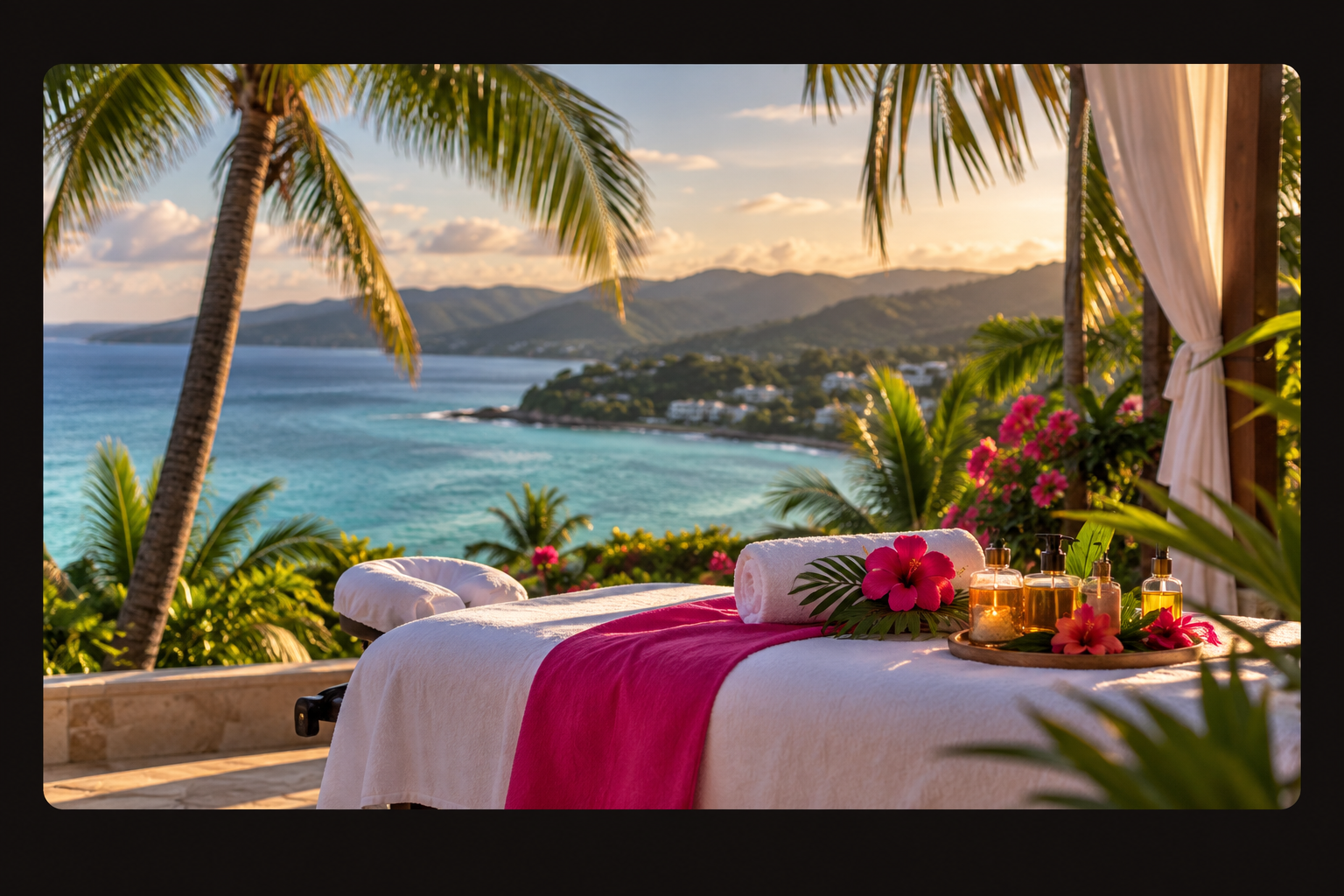 Outdoor mobile spa setup in Jamaica with a massage table, pink runner, hibiscus and golden oils overlooking the turquoise sea