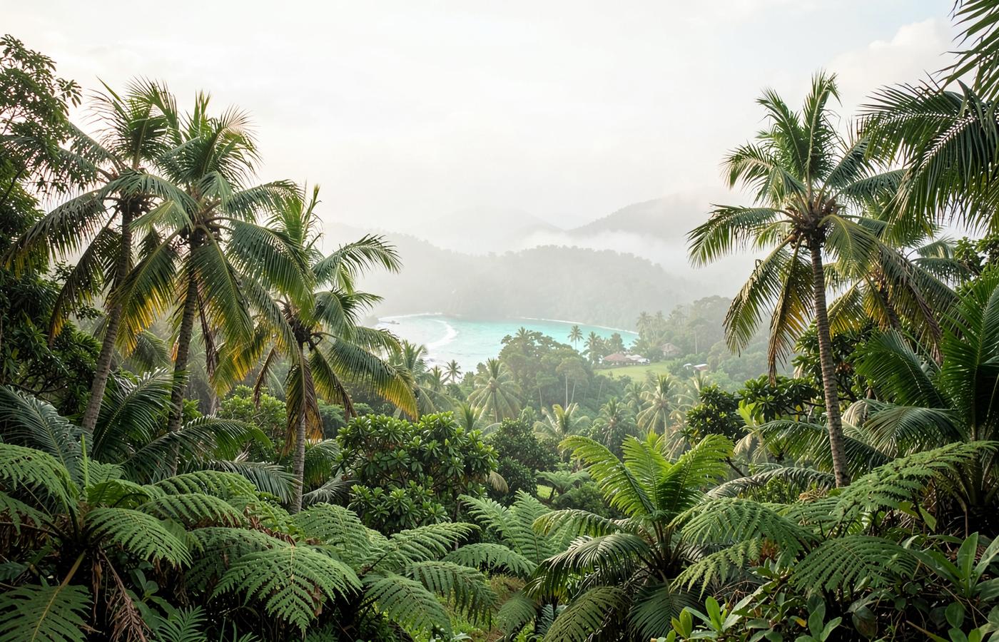 Tropical Jamaican palms above a quiet turquoise bay